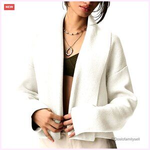 Cropped Chunky Knit Cardigan, Oversized Lapel, Open Front Sweater